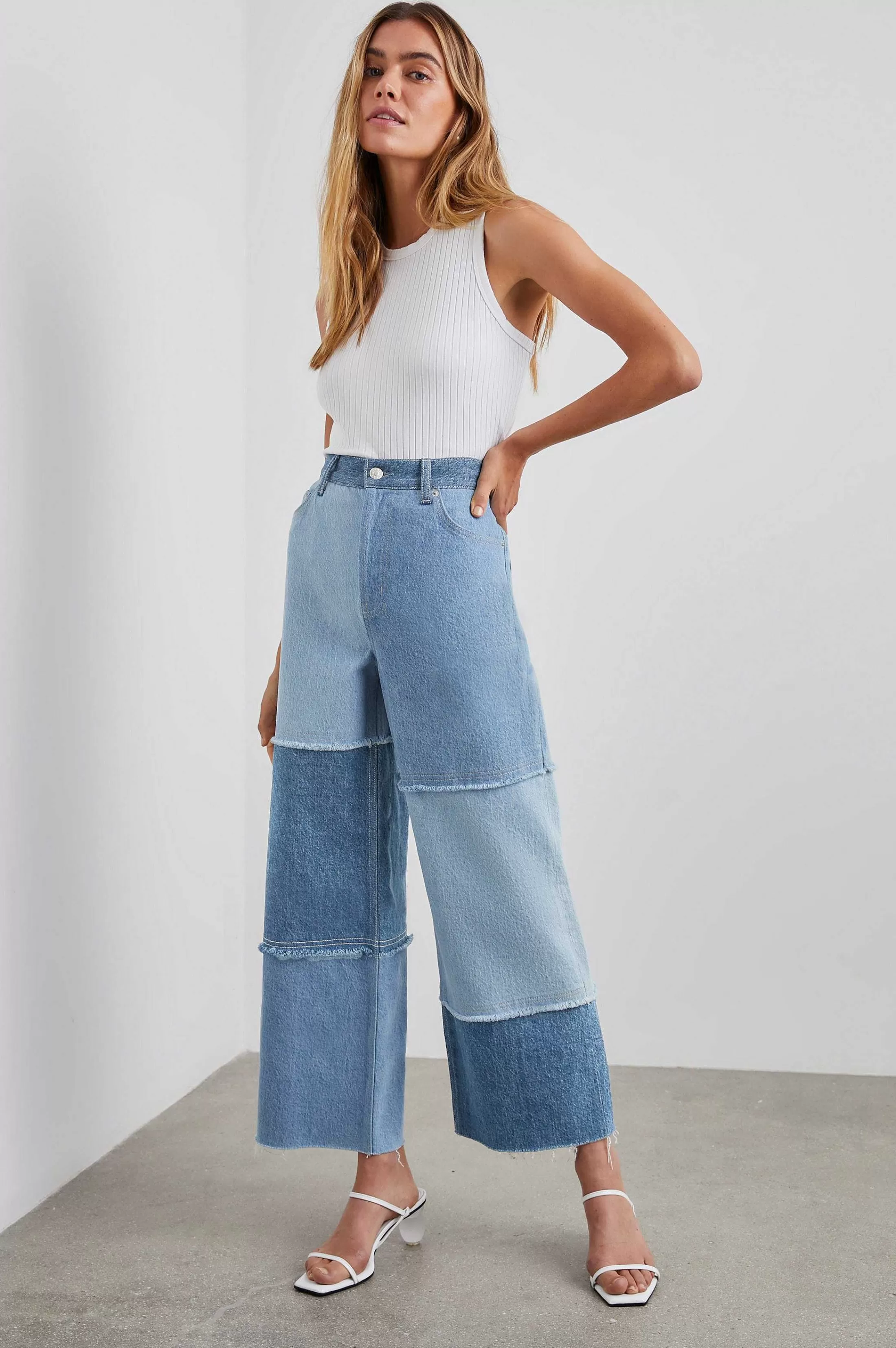 Denim-Rails Getty Crop Wide Leg - Licht Indigo Patchwork