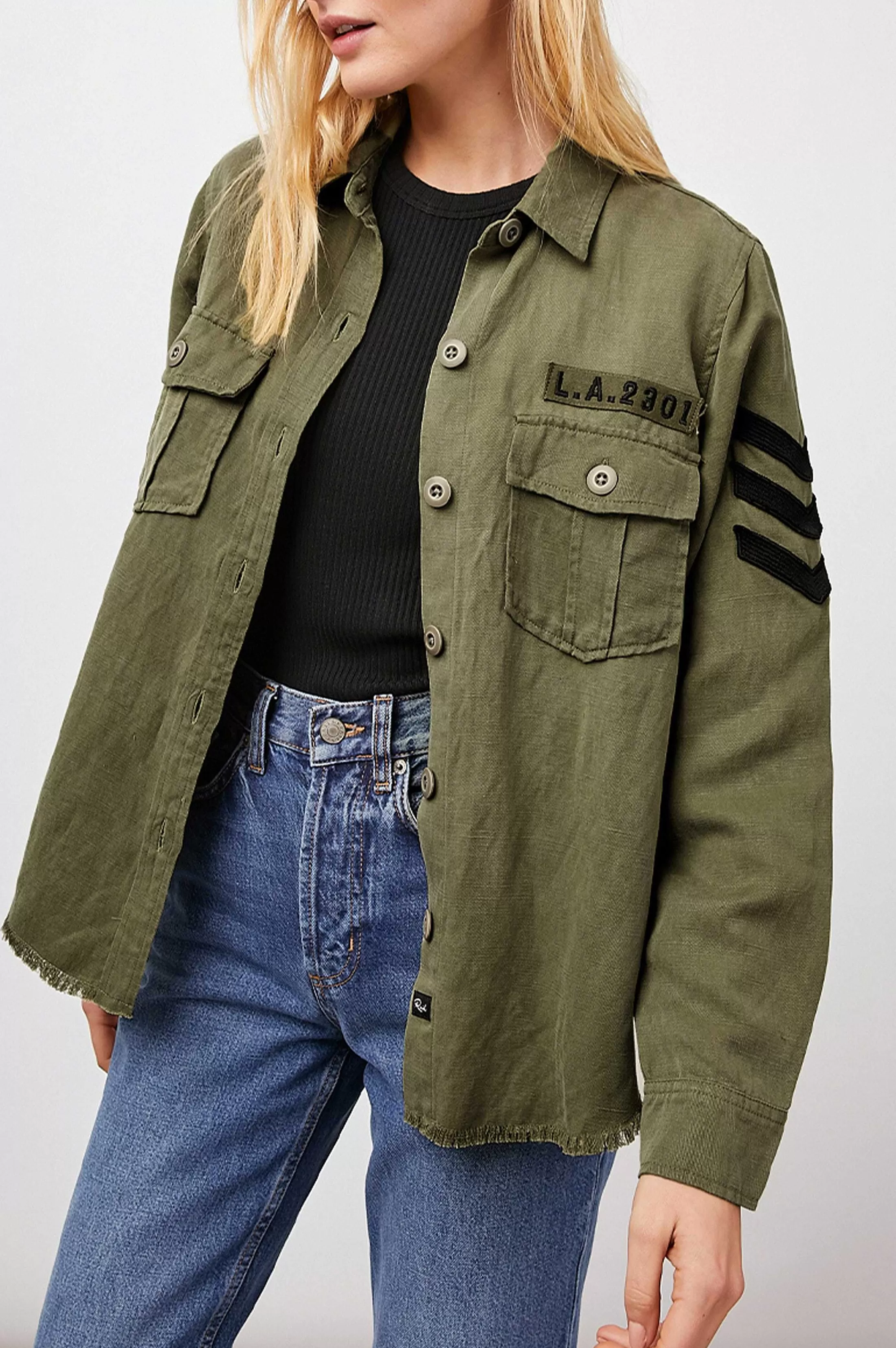 Jassen En Jassen-Rails Loren Shirt Jas - Olijf Zwart Militaire Satijnen Patches